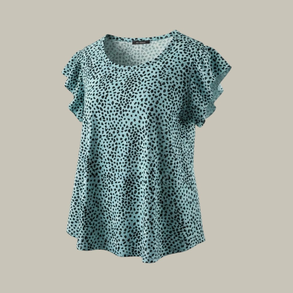 Heimish USA Ruffle Sleeve Top M Aqua & Black Leopard Print Boutique Resort Wear